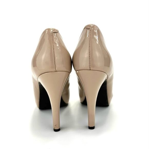 9 & CO Stiletto Pumps Size 7.5 Tan Faux Patent Leather Hidden Platform Peep-Toe - Picture 5 of 15
